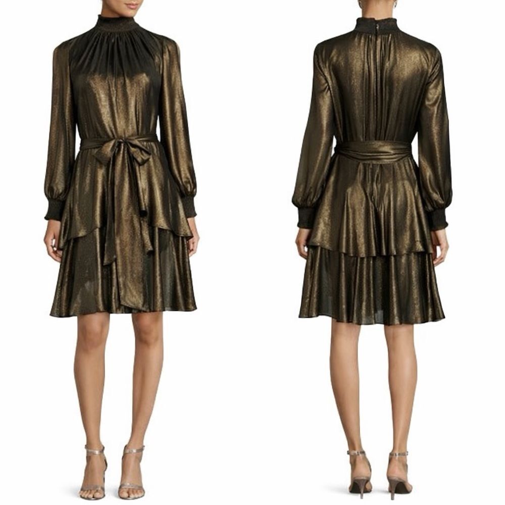 Alex Marie NWT Mis Rosalia Foil Metallic Dress Long Split Sleeve Black Gold Sz 6